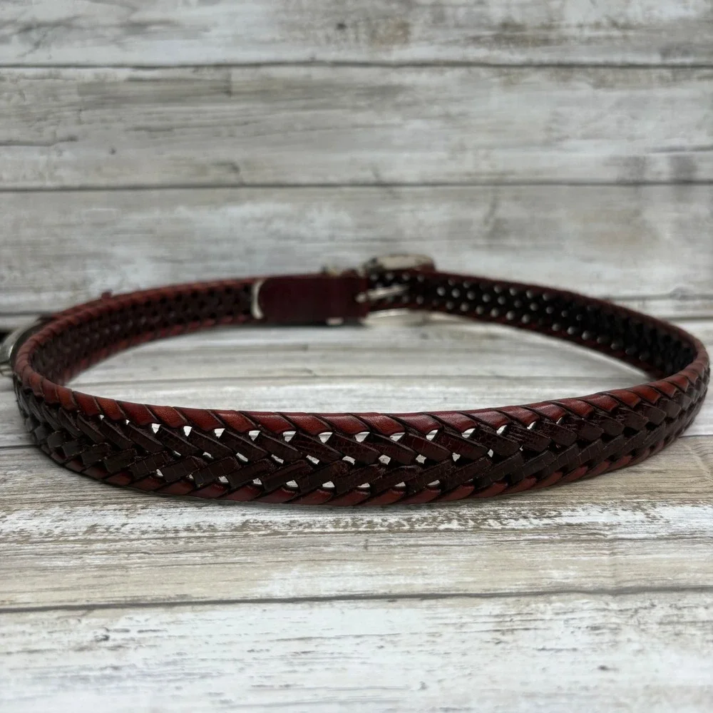 VTG‎ Fossil Braided Leather Belt Size L Brown Western Silver Buckle Rustic Boho